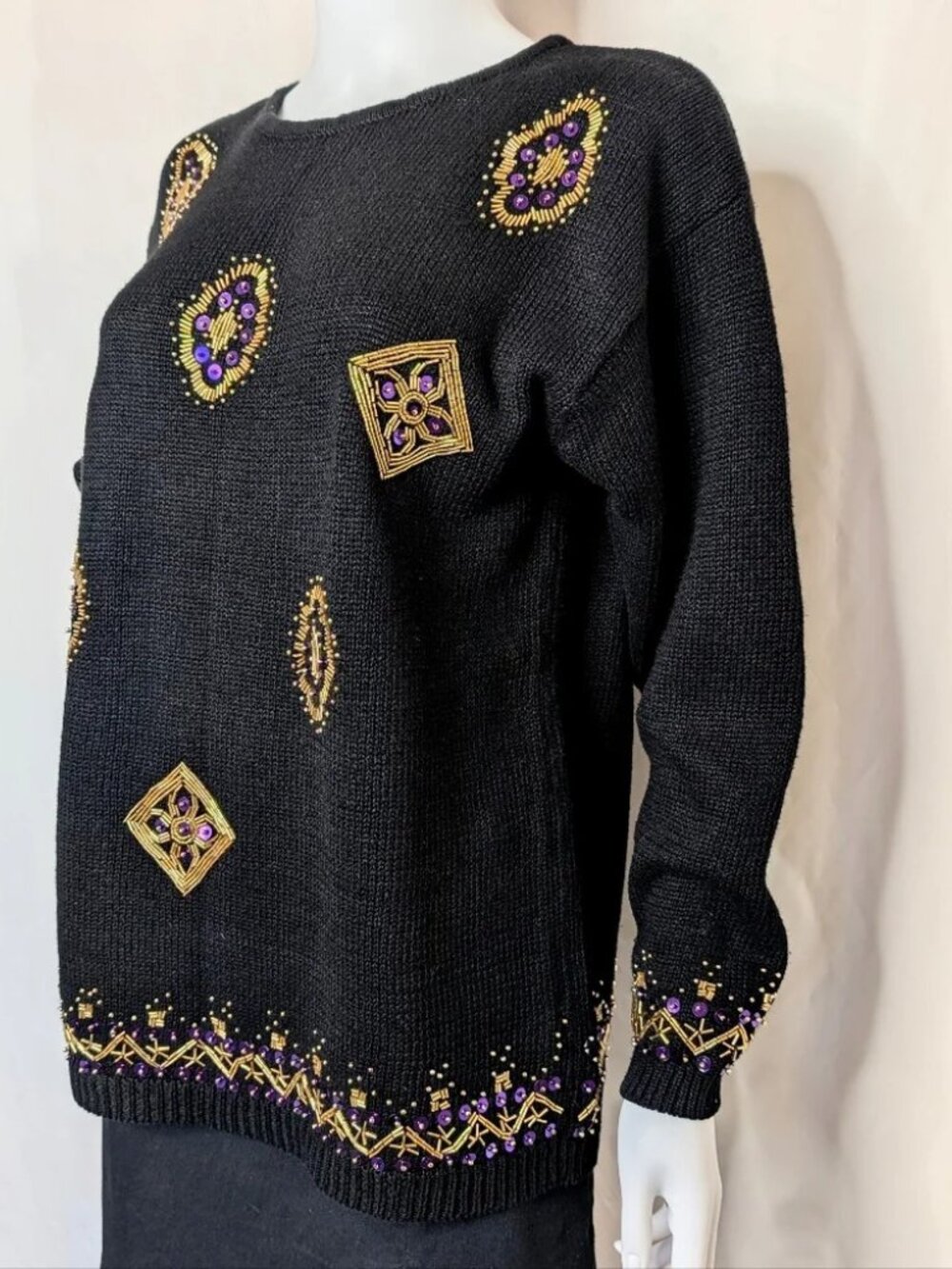 Vintage Marnie West Black Purple Beaded Sequin Sweater | L - Picture 3 of 12